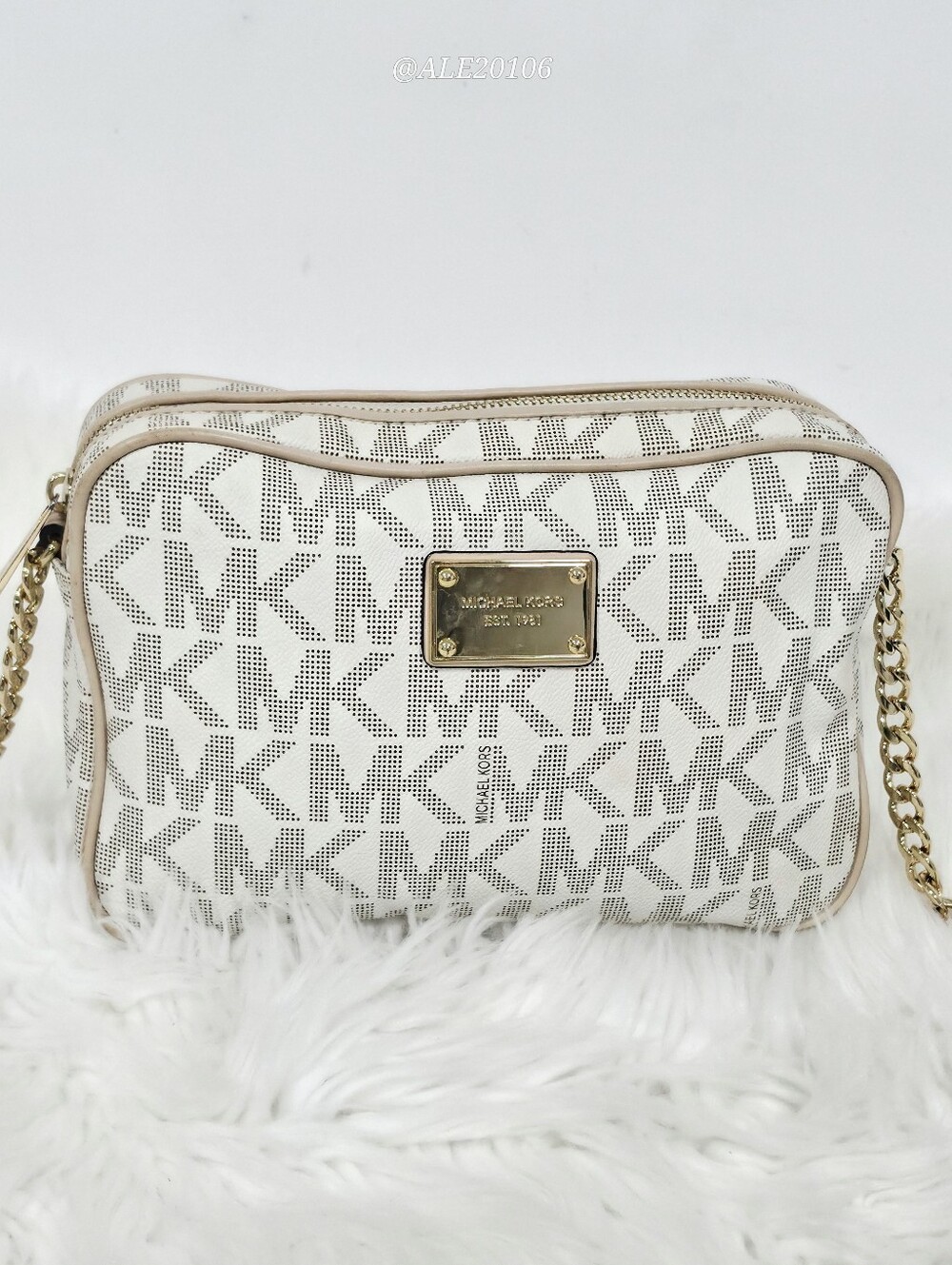 Michael Kors Beige Cream MK Monogram Crossbody Bag Gold Chain Purse